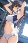  1girl armpits arms_behind_head arms_up bangs bare_arms black_hair breasts buruma closed_mouth commentary_request groin hair_tie_in_mouth highres indoors inoue_takina locker long_hair lycoris_recoil medium_breasts mouth_hold navel purple_eyes shelf sidelocks solo sports_bra stomach twintails tying_hair white_buruma window xe_(execut3r) zipper_pull_tab 