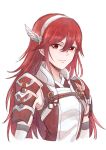 1girl armor bangs caeldori_(fire_emblem) feather_hair_ornament feathers fire_emblem fire_emblem_fates flat_chest hair_between_eyes hair_ornament hairband highres long_hair looking_at_viewer red_eyes red_hair shoulder_armor smile solo sturm_fe_k11 upper_body white_background white_hairband 