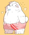 2022 anthro bear belly biped blush bodily_fluids food fur gayousi7 hi_res kemono mammal overweight popsicle simple_background solo sweat towel white_body white_fur 