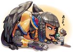  1boy 1girl black_fur black_hair black_wings blue_eyeshadow bracer braid brown_hair claws dark-skinned_female dark_skin egyptian egyptian_clothes eyeshadow fangs fate/grand_order fate_(series) feathered_wings food fruit giant giantess holding holding_food holding_fruit human_head jewelry long_hair looking_at_another makeup monster_girl neck_ring no_pupils open_mouth original sido_(slipknot) simple_background solo sphinx tongue tongue_out wings yellow_background 