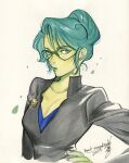  2019 black_jacket blue_shirt breasts cleavage collarbone colored_skin commission glasses green_eyes green_lips green_skin hair_behind_ear hand_on_hip highres jacket jennifer_walters looking_at_viewer marvel medium_breasts parted_lips peach_momoko second-party_source she-hulk shirt upper_body 