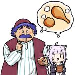  1boy 1girl ahoge animal_ears blue_hair bread cat_ears cat_tail dragon_quest dragon_quest_iv drooling eating facial_hair food hat hololive meat mustache nekomata_okayu okunin purple_hair shirt steam striped striped_shirt tail thought_bubble torneko virtual_youtuber white_background 