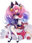  1girl 8bupolbwaxx2mve bangs bell black_footwear blue_hair box capelet christmas cleo_(dragalia_lost) dragalia_lost fingerless_gloves full_body gift gift_box gloves hair_bell hair_between_eyes hair_ornament highres long_hair looking_to_the_side multicolored_hair official_alternate_costume open_mouth pink_eyes pink_hair sitting sitting_on_box solo thighhighs two-tone_hair very_long_hair white_background 