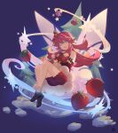  1girl 8bupolbwaxx2mve alternate_costume bangs bare_shoulders blue_eyes detached_sleeves dragalia_lost dress fairy_wings food fruit full_body hair_ornament holding holding_food holding_fruit long_hair looking_at_viewer notte_(dragalia_lost) open_mouth pink_hair red_dress snow solo star_(symbol) strawberry tree wings 