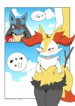  absurd_res anthro artist_name beverage black_body black_fur black_inner_ear black_legs blue_body blue_ears blue_fur blush braixen cloud comic directional_arrow duo egg ellipsis featureless_crotch female first_page fluffy fluffy_tail fur generation_4_pokemon generation_6_pokemon hands_behind_back hi_res holding_beverage holding_object holding_stick looking_at_another lucario male nintendo outside pictographics plus_sign pokemon pokemon_(species) question_mark sky smile stick tan_body tan_fur video_games white_arms winick-lim yellow_body yellow_ears yellow_fur yellow_tail 