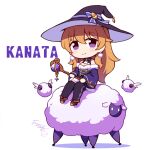  1girl artist_logo bangs breasts character_name chibi cleavage commentary_request earrings english_text hat jewelry konoe_kanata langbazi long_hair looking_at_viewer love_live! love_live!_nijigasaki_high_school_idol_club orange_hair purple_eyes riding sheep signature star_(symbol) thighhighs wand white_background white_eyes witch_hat 