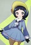  1girl bangs black_gloves black_hair blue_pupils blunt_bangs blush_stickers cardigan commentary dress eyelashes gloves grey_eyes grin jewelry long_sleeves lu_(sa17_71) necklace open_cardigan open_clothes pantyhose pokemon pokemon_(game) pokemon_sv poppy_(pokemon) smile solo teeth yellow_pantyhose 