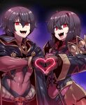  1boy 1girl abs alternate_costume black_cape black_hair cape clenched_hands commission fire_emblem fire_emblem_awakening fire_emblem_heroes heart heart_hands heart_hands_duo highres laughing morgan_(fire_emblem) morgan_(fire_emblem)_(female) morgan_(fire_emblem)_(male) open_mouth purple_background red_eyes skeb_commission skin_tight smug thumbs_down tukiwani 