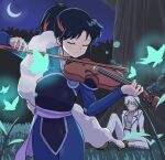  2girls black_hair blue_butterfly bow_(music) brown_footwear bug butterfly character_request closed_eyes facing_viewer grass han&#039;you_no_yashahime highres higurashi_towa instrument long_sleeves multicolored_hair multiple_girls night outdoors pants red_hair streaked_hair tree urin_(littleurin) violin white_hair white_pants 