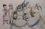  2boys 2girls arm_around_neck black_eyes black_hair blue_hair bracelet bulma chi-chi_(dragon_ball) clenched_hand colored_pencil_(medium) dragon_ball dragon_ball_z dress fat fat_man father_and_son gotenks grin hair_bun highres jewelry kakeru_(dbskakeru) metamoran_vest multicolored_hair multiple_boys multiple_girls neckerchief obese open_mouth pink_dress purple_hair short_hair signature smile traditional_media two-tone_hair v vegetto yellow_neckerchief 