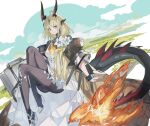  1girl arknights bag blonde_hair dragon_girl dragon_horns dragon_tail dress echj fiery_tail flame-tipped_tail flower hair_flower hair_ornament highres horns infection_monitor_(arknights) knees_up light_in_heart long_hair reed reed_(arknights) reed_the_flame_shadow_(arknights) sitting tail white_dress yellow_eyes 