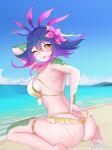  1girl :q absurdres arm_up ass bangs bare_arms bare_shoulders beach bikini blue_hair blush breasts colored_skin felixkohai flower from_side green_skin hair_flower hair_ornament highres large_breasts league_of_legends long_hair looking_at_viewer neeko_(league_of_legends) ocean one_eye_closed pink_flower pink_hair shiny shiny_hair sitting skindentation smile solo swimsuit tongue tongue_out wariza yellow_bikini yellow_eyes 