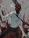  1boy black_necktie blood blood_on_clothes blood_on_face blood_splatter chainsaw chainsaw_man collared_shirt denji_(chainsaw_man) facing_up floating_necktie grey_background highres hybrid necktie open_mouth riu_lico sharp_teeth shirt shirt_tucked_in simple_background sleeves_rolled_up solo teeth white_shirt 