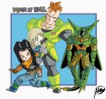  1girl 3boys android_16 android_17 android_18 black_hair blonde_hair blue_eyes brother_and_sister carrying cell_(dragon_ball) copyright_name dragon_ball dragon_ball_z earrings frown highres imperfect_cell jewelry kakeru_(dbskakeru) mohawk multiple_boys neckerchief orange_hair orange_neckerchief piggyback siblings signature smile sweatdrop tail tongue tongue_out 