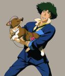  absurd_res bottomwear canid canine canis clothing cowboy_bebop domestic_dog duo ein_(cowboy_bebop) eyes_closed formal green_hair hair headphones herding_dog hi_res human male mammal necktie official_art pants pastoral_dog simple_background spike_spiegel welsh_corgi 