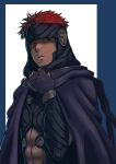  1boy aduti_momoyama cape closed_mouth clothing_cutout dark_skin fingerless_gloves fire_emblem fire_emblem:_the_blazing_blade fire_emblem_heroes frown gloves hand_up highres jaffar_(fire_emblem) male_focus navel navel_cutout official_alternate_costume purple_cape purple_gloves red_eyes red_hair short_hair solo 