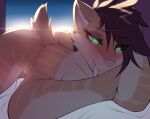  anthro beauty_mark bed bedding bedroom bedroom_eyes blush cuddling eyes fangs felid female furniture glowing glowing_eyes half-closed_eyes hi_res jack-o&#039;_pose machairodontine mammal morning narrowed_eyes nastycalamari pinup pose sabertooth_(anatomy) seductive sexy_eyes tired toofer 