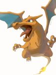  charizard claws commentary fangs fire flame flame-tipped_tail green_eyes highres mokuzou_(moku_ssbu) no_humans open_mouth pokemon pokemon_(creature) simple_background solo symbol-only_commentary tongue twitter_username white_background 