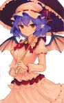  1girl bat_wings black_umbrella center_frills frilled_umbrella frills hat hat_ribbon highres holding holding_umbrella irumina777 juliet_sleeves long_sleeves looking_at_viewer mob_cap parted_lips pink_headwear pink_shirt pink_skirt pointy_ears puffy_sleeves purple_hair red_eyes red_ribbon remilia_scarlet ribbon shirt short_hair simple_background skirt smile solo touhou umbrella white_background wings 