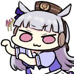  1girl :3 animal_ears bangs blunt_bangs bow bowtie from_side gold_ship_(umamusume) grey_hair horse_ears horse_girl horseshoe_ornament jazz_jack long_hair looking_at_viewer lowres photo_referenced pillbox_hat puffy_short_sleeves puffy_sleeves purple_bow purple_bowtie purple_eyes purple_serafuku purple_shirt sailor_collar sailor_shirt school_uniform serafuku shirt short_sleeves signature simple_background skirt solo standing tracen_school_uniform umamusume upper_body white_background white_skirt 