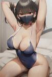  1girl armpits arms_up bangs black_hair blue_one-piece_swimsuit blush breasts brown_eyes cleavage collarbone commentary covered_mouth covered_navel ear_piercing hands_in_hair highleg highleg_swimsuit kneeling konata_(kankin_jk) large_breasts long_hair looking_at_viewer mask mishiranu_joshikousei_ni_kankin_sareta_mangaka_no_hanashi mouth_mask piercing ryouma_(galley) sideboob solo swimsuit thighs 