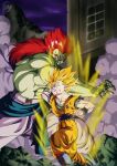 2boys abs aura blonde_hair blood blood_from_mouth bojack boots building clenched_teeth colored_skin dougi dragon_ball dragon_ball_z frown green_skin highres impaled kakeru_(dbskakeru) long_hair male_focus multiple_boys night night_sky pointy_ears punching red_hair size_difference sky smoke son_gohan super_saiyan super_saiyan_2 teeth topless_male torn_clothes wristband 