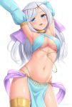  1girl blue_eyes breasts contrapposto cowboy_shot detached_sleeves grey_hair hands_up highres long_hair looking_at_viewer medium_breasts navel original parted_lips pelvic_curtain sasaame simple_background sling_bikini_top smile solo standing white_background 