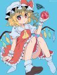  1girl :/ apple ascot bangs black_footwear blue_background bobby_socks bow bright_pupils closed_mouth crystal english_commentary flandre_scarlet food fruit full_body hat hat_bow highres holding holding_food holding_fruit looking_at_viewer mob_cap one_side_up puffy_short_sleeves puffy_sleeves ramudia_(lamyun) red_apple red_bow red_eyes red_skirt red_vest shirt shoes short_sleeves simple_background single_shoe skirt socks solo squiggle touhou vest white_headwear white_pupils white_shirt white_socks wings yellow_ascot 