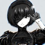 1girl adjusting_hair amagami bangs black_dress black_gloves black_hair black_hairband chromatic_aberration close-up cosplay dress eyepatch gloves grey_background hairband highres lace_dress looking_afar looking_away monochrome nanasaki_ai nier_(series) nier_automata oshizu parted_lips puffy_sleeves shaded_face short_hair turtleneck yorha_no._2_type_b yorha_no._2_type_b_(cosplay) 