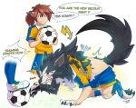  ball black_body black_fur blush bodily_fluids bottomwear canid canine canis claws cleats clenched_teeth clothing duo english_text feral fur fur_growth growth hi_res human human_to_feral inazuma_eleven_go male mammal one_eye_closed pawpads ravieel red_eyes shorts soccer_ball soccer_uniform species_transformation sportswear sweat tail_growth teeth text torn_clothing transformation tsurugi_kyousuke uniform wolf 