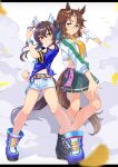  2girls animal_ears bangs belt black_footwear blue_footwear blue_shirt blurry blurry_foreground blush boots breasts clenched_hands clenched_teeth closed_mouth colored_inner_hair crop_top cross-laced_footwear cutoffs daitaku_helios_(umamusume) ear_covers fingerless_gloves futari_wa_precure gloves green_eyes green_skirt highres horse_ears horse_girl horse_tail izu_lemon jacket lace-up_boots legs_apart letterboxed long_sleeves looking_at_viewer mejiro_palmer_(umamusume) miniskirt multicolored_hair multiple_girls parted_bangs precure shirt short_shorts shorts single_glove skirt small_breasts smile smoke standing streaked_hair tail teeth tied_shirt twitter_username umamusume watermark white_gloves white_jacket white_shorts wristband yellow_eyes yellow_shirt 
