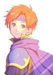 1boy aduti_momoyama armor blue_armor blue_eyes cape closed_mouth fire_emblem fire_emblem:_the_binding_blade hair_intakes headband highres male_focus orange_hair purple_cape purple_headband roy_(fire_emblem) short_hair shoulder_armor simple_background smile solo upper_body white_background 