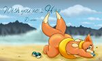  &lt;3 2_tails anthro beach big_butt blue_eyes bratcatt breasts butt cloud cloudscape dipstick_tail fangs female floatzel fur generation_4_pokemon huge_butt looking_at_viewer lying mammal markings multi_tail mustelid nintendo nude on_front orange_body orange_fur otter pokeball pokemon pokemon_(species) sand sea seaside sky solo tail_markings tan_body tan_fur text thick_thighs video_games water wide_hips 