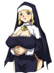  1girl 2000s_(style) arms_under_breasts black_dress black_headwear blonde_hair blue_eyes blush breasts capelet cleavage cleavage_cutout clothing_cutout dress habit highres large_breasts looking_at_viewer nun original own_hands_clasped own_hands_together parted_lips shino_(2919) short_hair simple_background smile solo white_background white_capelet 