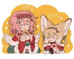  2girls :d ^_^ animal_ear_fluff animal_ears arknights bangs black_gloves braid cat_ears closed_eyes commentary cropped_torso doughnut fang feathered_wings food food_on_face fox_ears gloves goldenglow_(arknights) goldenglow_(night_loving_servant)_(arknights) green_hairband hair_between_eyes hair_over_shoulder hair_ribbon hairband hands_up highres holding holding_food light_brown_hair long_hair long_sleeves multicolored_hair multiple_girls orange_background pink_hair red_hairband red_sweater ribbon single_glove siyer_(siyeyeyeyer) sleeves_past_wrists smile suzuran_(arknights) sweater symbol-only_commentary twin_braids two-tone_background two-tone_hair upper_body white_background white_hair white_wings wings 