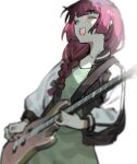  1girl alver bangs bass_guitar black_bow black_jacket blunt_bangs bocchi_the_rock! bow braid closed_eyes dress fang green_dress hair_bow hair_over_shoulder hiroi_kikuri holding holding_instrument instrument jacket long_hair long_sleeves multicolored_clothes multicolored_jacket open_clothes open_jacket open_mouth simple_background single_braid smile solo two-tone_jacket white_background white_jacket 