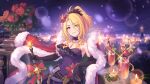  blonde_hair candle christina_(princess_connect!) city city_lights cityscape cloak drink european_architecture flower fur_cloak hair_flower hair_ornament night official_art princess_connect! 