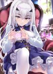  1girl blue_cape blue_dress breasts cape dress fairy_knight_lancelot_(fate) fairy_knight_lancelot_(second_ascension)_(fate) fate/grand_order fate_(series) frills hair_between_eyes heart heart_hands highres hitsujibane_shinobu indoors long_hair long_sleeves looking_at_viewer panties pantyshot sitting small_breasts smile solo spread_legs thighhighs underwear white_hair white_panties white_thighhighs yellow_eyes 