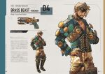  1boy alternate_costume animification apex_legends black_footwear blonde_hair blue_jacket boots brown_gloves censored_text dark-skinned_male dark_skin facial_hair gloves goatee goggles goggles_on_head green_eyes gun hand_on_hip handgun highres jacket mirage_(apex_legends) pants pectoral_cleavage pectorals revolver scar scar_across_eye scar_on_face scar_on_nose shiny shiny_clothes smile solo thigh_boots thundergotch weapon yellow_pants zoom_layer 