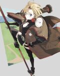  1girl artemis_(junketsu_no_maria)_(bird) blonde_hair blue_eyes boots breasts broom broom_riding cleavage cleavage_cutout clothing_cutout elbow_gloves fur_trim gloves highres junketsu_no_maria machi_(wm) maria_(junketsu_no_maria) medium_hair miniskirt skirt thighhighs trench_coat witch 
