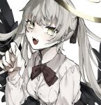  1girl :d bangs black_wings breasts feathered_wings grey_hair halo highres looking_at_viewer neck_ribbon niku_(fjs_1018) open_mouth original ribbon simple_background smile solo teeth twintails white_background wings yellow_eyes 