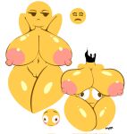  animate_inanimate big_breasts blush breasts duo eevilish emoji emoji_(race) eyelashes female genitals hi_res huge_breasts humanoid navel nipples pink_nipples pupils pussy removable_head simple_background simple_eyes surprise unsatisfied yellow_body 