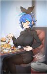  1girl bangs black_pantyhose black_ribbon black_skirt black_sweater blue_hair blurry blurry_foreground blush breasts burger burp commentary couch cup depth_of_field dif_(difman) difman disposable_cup english_commentary english_text food french_fries hair_between_eyes hair_ribbon highres holding holding_food indoors ketchup large_breasts long_sleeves looking_at_viewer mole mole_under_eye multicolored_hair on_couch orange_eyes original pantyhose parted_lips pleated_skirt ribbed_sweater ribbon sitting skirt solo streaked_hair sweat sweater turtleneck turtleneck_sweater window 
