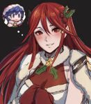  1boy 1girl bangs bare_shoulders blue_eyes blue_hair blush breasts cape chibi christmas chrom_(fire_emblem) cm_lynarc cordelia_(fire_emblem) fire_emblem fire_emblem_awakening fur_trim hair_between_eyes hair_ornament hat long_hair looking_at_viewer mistletoe official_alternate_costume open_mouth red_eyes red_hair santa_hat short_hair simple_background smile star_(symbol) thought_bubble upper_body 