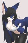  2022 anthro black_hair blep blue_body blue_fur blush bottomwear bra breasts canid canine cleavage clothed clothing countershading digital_media_(artwork) emanata female female_anthro fingerless_(marking) fox fur green_eyes hair hi_res inner_ear_fluff kemono korfiorano leaning leaning_forward long_hair looking_at_viewer mammal multicolored_body multicolored_fur navel pants pink_nose simple_background solo tongue tongue_out tuft two_tone_body two_tone_fur underwear undressing white_background white_body white_fur 