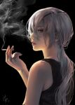  1girl bangs black_background black_tank_top chainsaw_man cigarette eyepatch grey_hair highres holding holding_cigarette long_hair looking_at_viewer penumbra5632_(aadakym) ponytail quanxi_(chainsaw_man) simple_background smoke smoking solo tank_top 