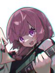  1girl bangs bass_guitar black_bow black_nails blush bocchi_the_rock! bow braid chromatic_aberration hair_bow hair_over_shoulder highres hiroi_kikuri holding holding_instrument instrument jacket long_hair long_sleeves looking_at_viewer open_clothes open_jacket open_mouth purple_eyes purple_hair sharp_teeth simple_background single_braid smile solo teeth umi_painter upper_body white_background 