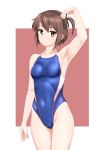  1girl absurdres arm_up armpits black_ribbon blue_one-piece_swimsuit breasts brown_hair cameltoe commission competition_swimsuit covered_navel etou_kanami hair_ribbon highres looking_at_viewer multicolored_clothes multicolored_swimsuit one-piece_swimsuit one_side_up ribbon short_hair skeb_commission small_breasts solo swimsuit takafumi toji_no_miko 
