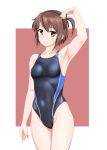  1girl absurdres arm_up armpits black_one-piece_swimsuit black_ribbon breasts brown_hair cameltoe commission competition_swimsuit covered_navel etou_kanami hair_ribbon highres looking_at_viewer multicolored_clothes multicolored_swimsuit one-piece_swimsuit one_side_up ribbon short_hair skeb_commission small_breasts solo swimsuit takafumi toji_no_miko 