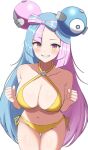  1girl bare_shoulders bikini blue_hair blush breasts cleavage clenched_hands collarbone grin hair_ornament hands_up highres iono_(pokemon) large_breasts long_hair multicolored_hair navel pink_hair pokemon pokemon_(game) pokemon_sv sharp_teeth side-tie_bikini_bottom smile solo split-color_hair stomach surippa1010 swimsuit teeth two-tone_hair very_long_hair yellow_bikini yellow_eyes 